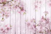 Sticker mural Vintage Chic fleur de cerisier fleurs planches de bois rose | V4 - 254 cm x 184 cm | Polaire 130gr / m2