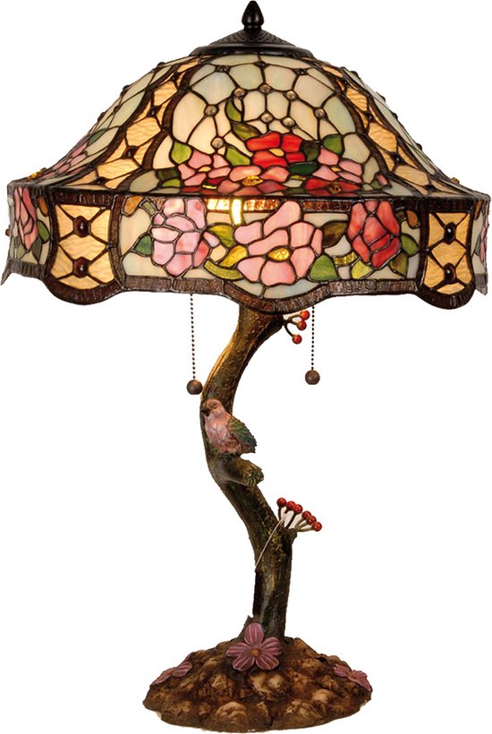 HAES DECO - Lampe de table Tiffany Ø 45x62 cm Fleurs en Glas vert rose Lampe de bureau Tiffany Lampes Tiffany Glas