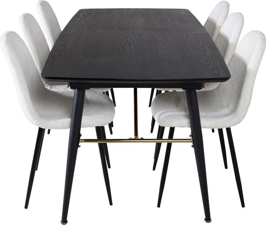 Gold eethoek eetkamertafel uitschuifbare tafel lengte cm 180 / 220 zwart en 6 Polar Fluff eetkamerstal Teddy wit.