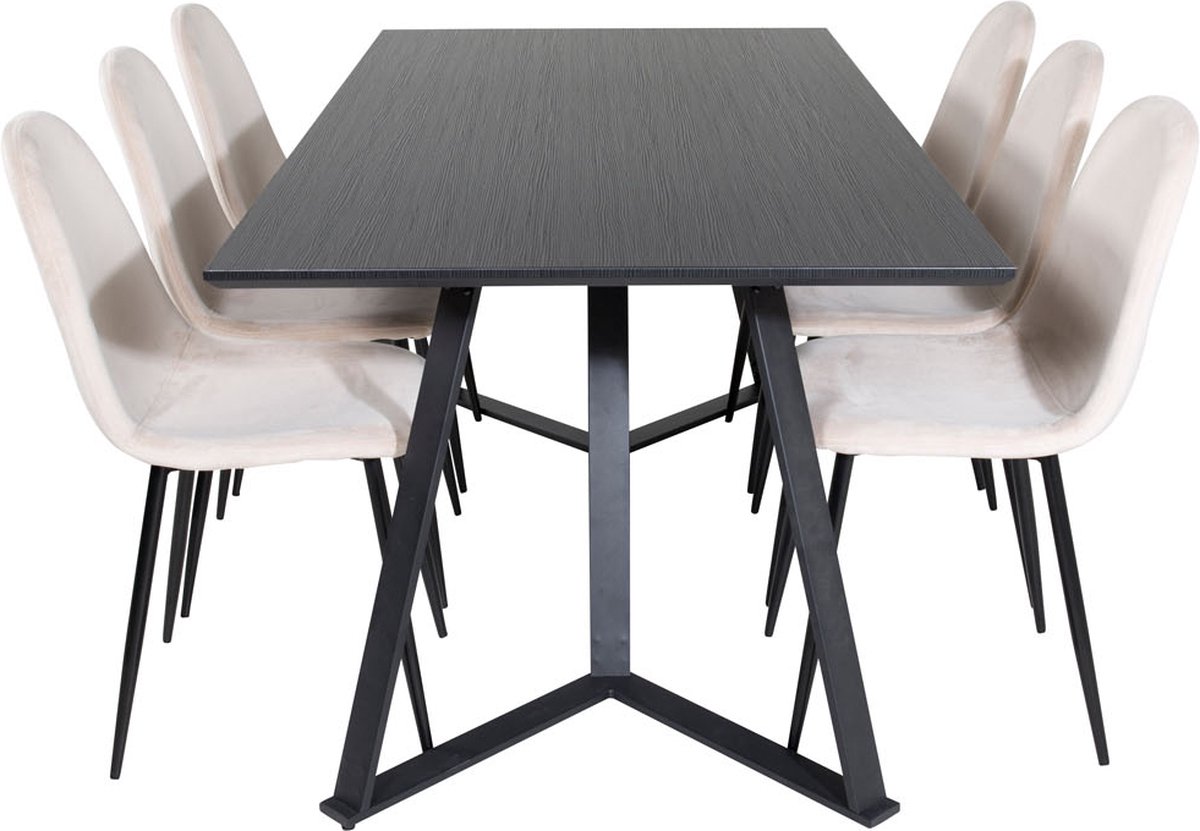 MarinaBLBL eethoek eetkamertafel zwart en 6 Polar eetkamerstal velours beige.
