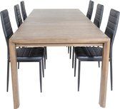 SliderOS eethoek eetkamertafel uitschuifbare tafel lengte cm 170 / 250 rokerig eik en 6 Slim High Back eetkamerstal PU kunstleer zwart.