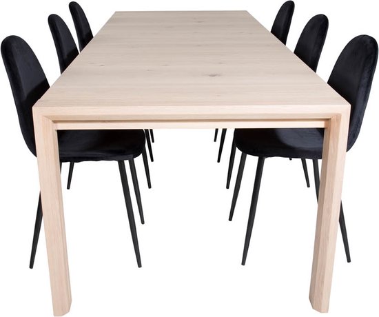 SliderWW eethoek eetkamertafel uitschuifbare tafel lengte cm 170 / 250 eik wit washeded en 6 Polar eetkamerstal velours zwart.