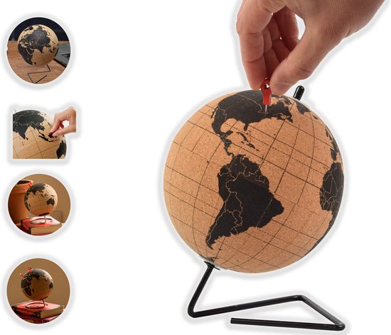 Wereldbol van kurk met metalen standaard - Diameter 15 cm - Kurkbol met gekleurde push-pins - Draaibare wereldbol Kurk - Educatieve wereldkaart - Duurzame roestvrijstalen basis Gemakkelijk draaien - Houd de reizen bij - Stijlvol decor