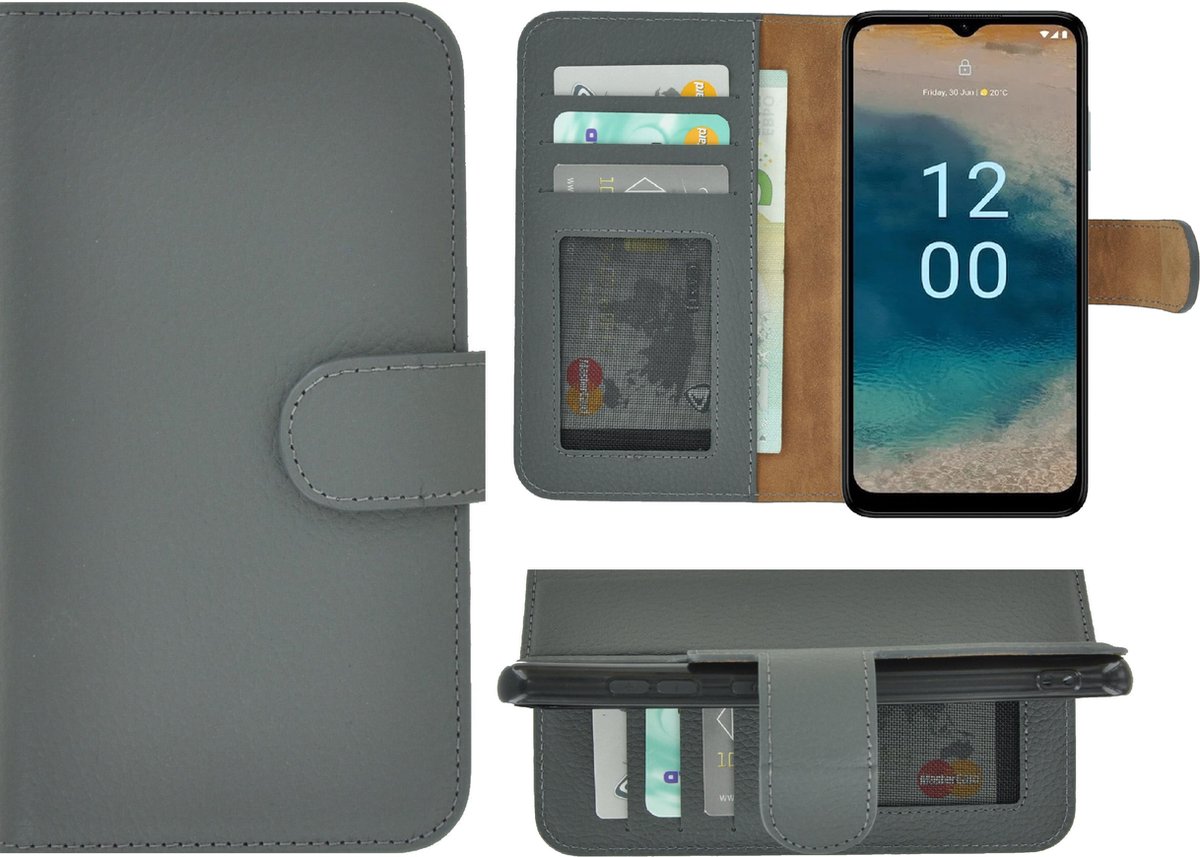 MoDo hoesje Geschikt voor Nokia G22 - Echt Leer Book Case - Grijs