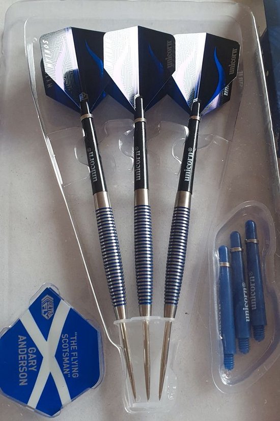 Unicorn Stalen tip dartset | Gary 'The Flying Scotsman' Anderson Fase 3 wereldkampioen | 90% natuurlijke wolfraamvaten met blauwe accenten | 21 g Unicorn Stalen tip dartset | Gary 'The Flying Scotsman' Anderson Fase 3 wereldkampioen | 90% natuurlijke wolfraamvaten met blauwe accenten | 21 g