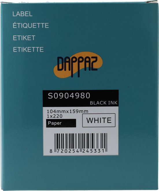 Doos Dappaz etiketten, wit, 104x159mm, S0904980, met zwarte tekst en barcode.