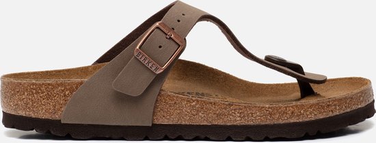 Bruine Birkenstock Gizeh slipper met koperkleurige gesp.