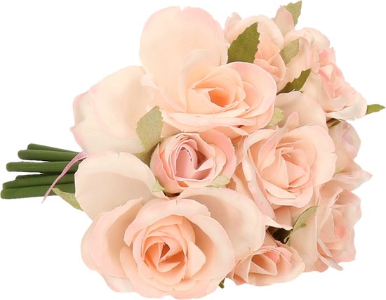 Boeketje kunstbloemen - rozen - roze - 20 cm - 9x stuks - Bruidsboeketten