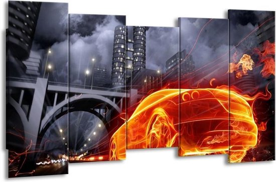 GroepArt - Canvas Schilderij - Auto - Rood, Oranje, Zwart - 150x80cm 5Luik- Groot Collectie Schilderijen Op Canvas En Wanddecoraties