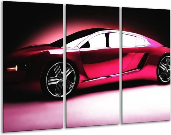 GroepArt - Schilderij -  Auto - Roze, Zwart, Wit - 120x80cm 3Luik - 6000+ Schilderijen 0p Canvas Art Collectie