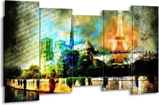 GroepArt - Canvas Schilderij - Parijs - Blauw, Oranje, Grijs - 150x80cm 5Luik- Groot Collectie Schilderijen Op Canvas En Wanddecoraties