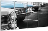 GroepArt - Glasschilderij - Oldtimer, Auto - Grijs, Blauw, Zwart - 160x80cm 4Luik - Foto Op Glas - Geen Acrylglas Schilderij - 6000+ Glasschilderijen Collectie - Wanddecoratie