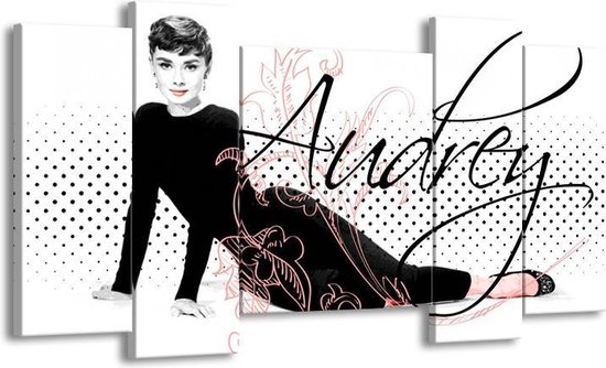 GroepArt - Schilderij - Audrey, Popart - Zwart, Wit, Rood - 120x65cm 5Luik - Foto Op Canvas - GroepArt 6000+ Schilderijen 0p Canvas Art Collectie - Wanddecoratie