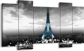 GroepArt - Schilderij - Parijs, Eiffeltoren - Zwart, Wit, Blauw - 120x65cm 5Luik - Foto Op Canvas - GroepArt 6000+ Schilderijen 0p Canvas Art Collectie - Wanddecoratie