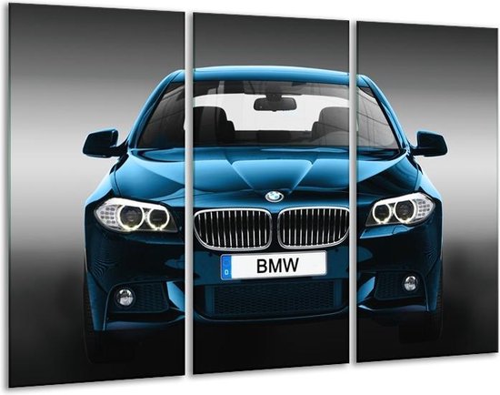 Glasschilderij Auto, BMW - Blauw, Zwart, Grijs - 120x80cm 3Luik - Foto Op Glas - Geen Acrylglas Schilderij - GroepArt 6000+ Glas Art Collectie - Maatwerk Mogelijk