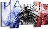GroepArt - Schilderij - Parijs, Eiffeltoren - Blauw, Rood, Zwart - 120x65cm 5Luik - Foto Op Canvas - GroepArt 6000+ Schilderijen 0p Canvas Art Collectie - Wanddecoratie