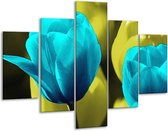 Glasschilderij -  Tulp - Blauw, Zwart, Groen - 100x70cm 5Luik - Geen Acrylglas Schilderij - GroepArt 6000+ Glasschilderijen Collectie - Wanddecoratie- Foto Op Glas