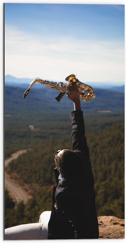 Dibond - Man met Trompet aan de Rand van Cliff met Uitzicht - 50x100 cm Foto op Aluminium (Met Ophangsysteem)