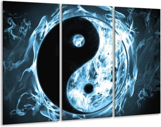 GroepArt - Schilderij -  Jin Jang - Zwart, Grijs, Blauw - 120x80cm 3Luik - 6000+ Schilderijen 0p Canvas Art Collectie