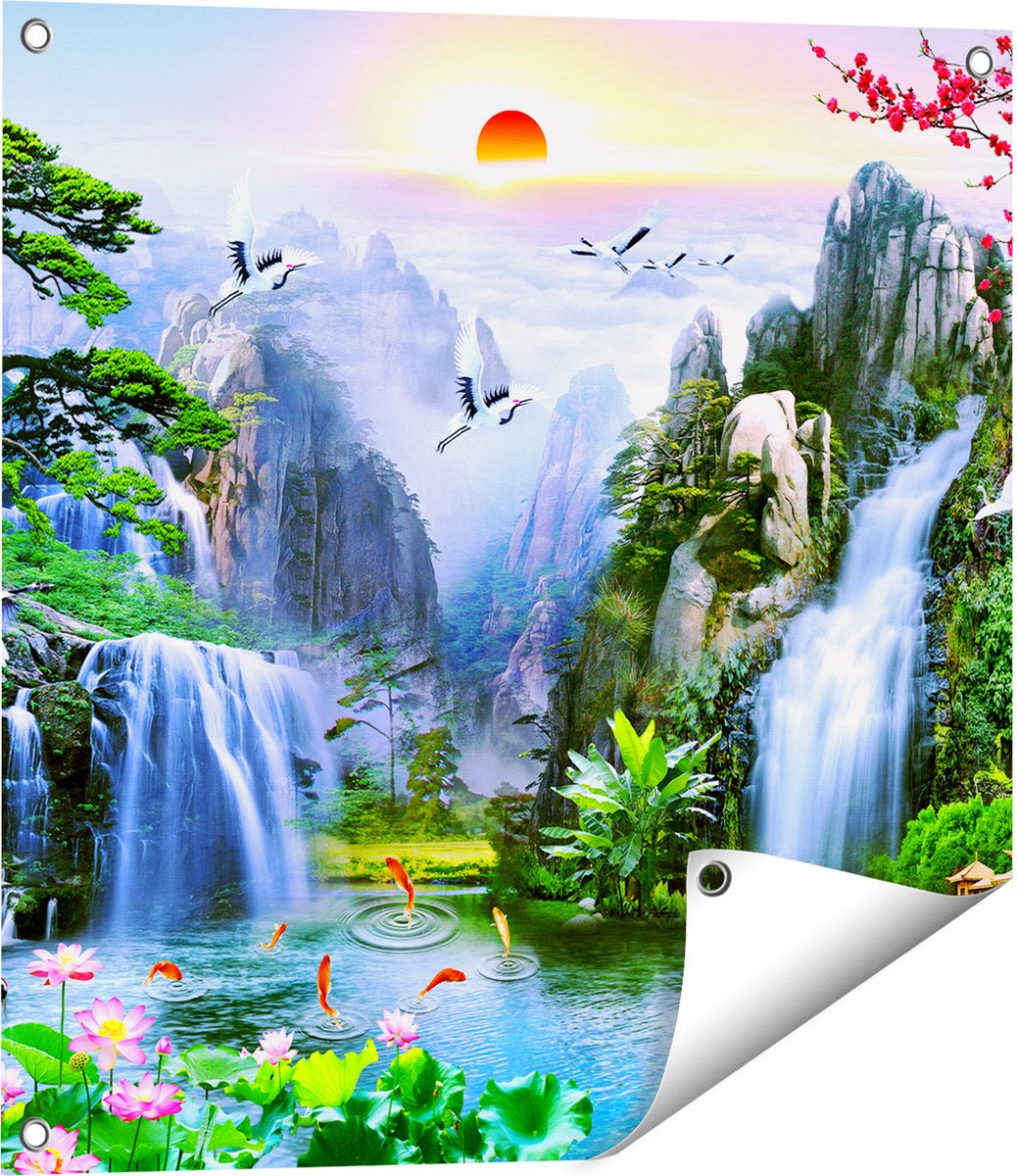 Gards Tuinposter Watervallen in de Bergen - Abstract - 60x60 cm - Tuindoek - Tuindecoratie - Wanddecoratie buiten - Tuinschilderij Multikleur
