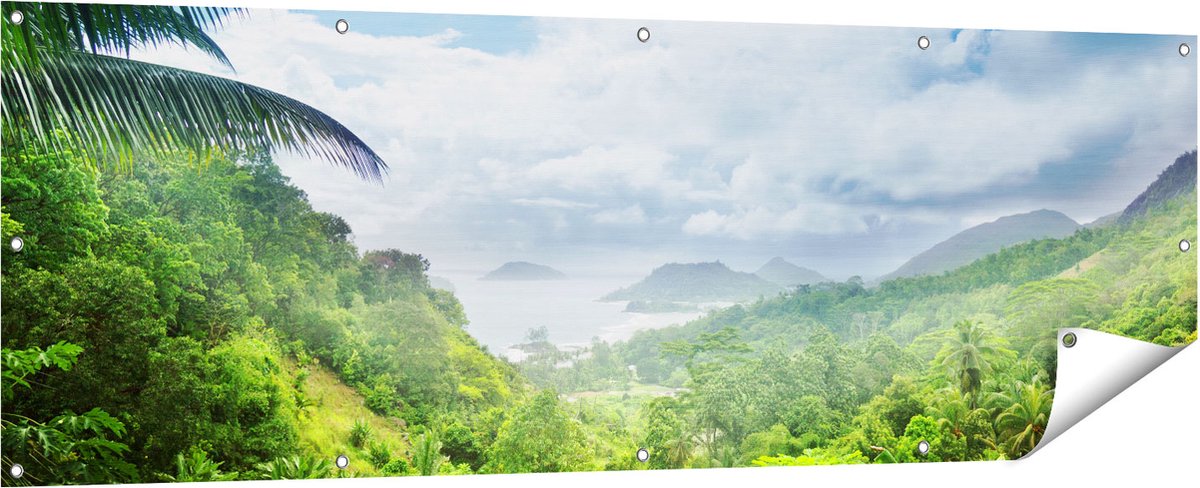 Gards Tuinposter Jungle Uitzicht op de Seychellen - 180x60 cm - Tuindoek - Tuindecoratie - Wanddecoratie buiten - Tuinschilderij Multikleur