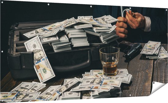 Gards Affiche de jardin Dollar Money Notes sur la table de la mafia - 200x100 cm - Toile de jardin - Décoration de jardin - Décoration murale extérieur - Tableau de jardin