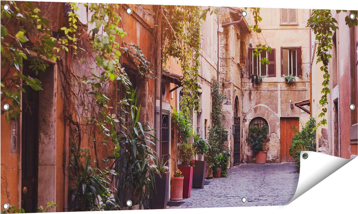 Gards Tuinposter Straatje in Rome met Groene Planten - 120x60 cm - Tuindoek - Tuindecoratie - Wanddecoratie buiten - Tuinschilderij Multikleur