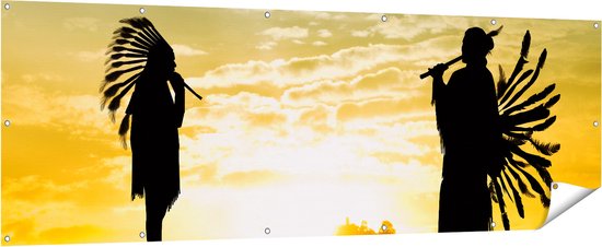 Gards Tuinposter Twee Silhouetten van Indianen bij Zonsondergang - 210x70 cm - Tuindoek - Tuindecoratie - Wanddecoratie buiten - Tuinschilderij