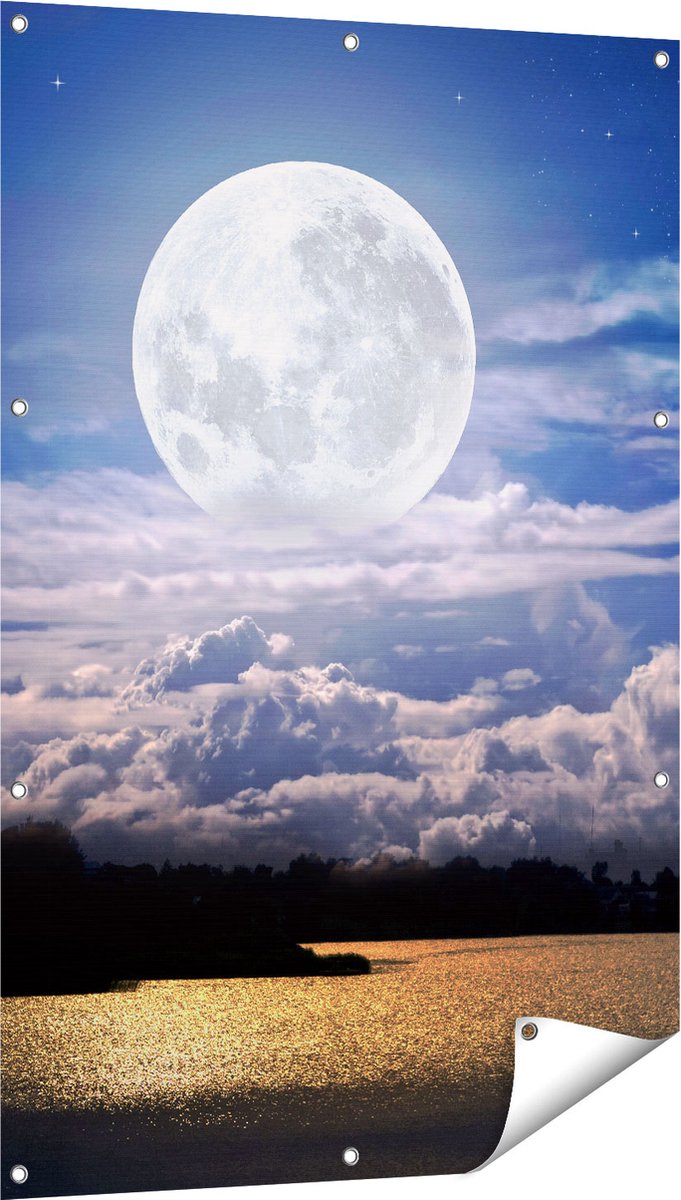 Gards Tuinposter Volle Maan bij het Water - 80x120 cm - Tuindoek - Tuindecoratie - Wanddecoratie buiten - Tuinschilderij Multikleur