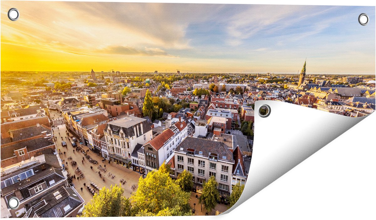Gards Tuinposter Groningen Skyline Stad bij Zonsondergang - 60x30 cm - Tuindoek - Tuindecoratie - Wanddecoratie buiten - Tuinschilderij Multikleur