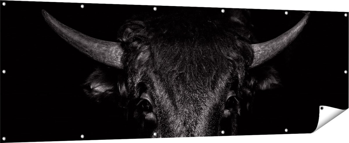 Gards Tuinposter Stierenkop - Stier - Zwart Wit - 210x70 cm - Tuindoek - Tuindecoratie - Wanddecoratie buiten - Tuinschilderij Multikleur