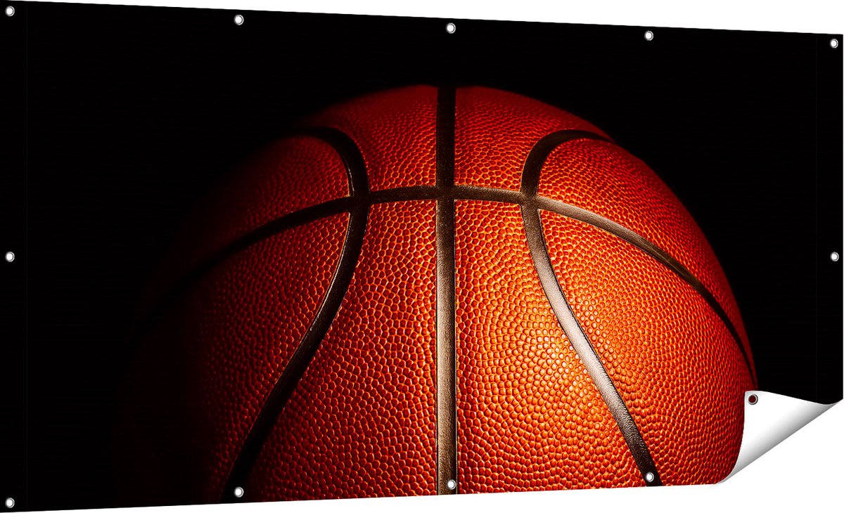 Gards Tuinposter Basketbal op een Zwarte Achtergrond - 180x90 cm - Tuindoek - Tuindecoratie - Wanddecoratie buiten - Tuinschilderij Multikleur