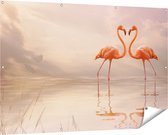 Gards Tuinposter Twee Flamingo's in een Hartjes Vorm - 150x100 cm - Tuindoek - Tuindecoratie - Wanddecoratie buiten - Tuinschilderij