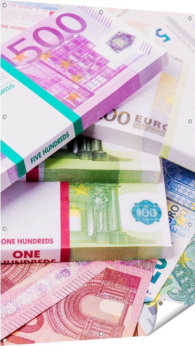 Gards Tuinposter Euro Geld Briefjes - Stapels - 100x150 cm - Tuindoek - Tuindecoratie - Wanddecoratie buiten - Tuinschilderij Multikleur
