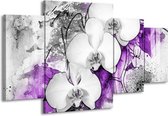 GroepArt - Schilderij -  Bloem, Orchidee - Grijs, Paars, Wit - 160x90cm 4Luik - Schilderij Op Canvas - Foto Op Canvas