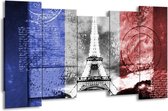 GroepArt - Canvas Schilderij - Parijs, Eiffeltoren - Grijs, Rood, Blauw - 150x80cm 5Luik- Groot Collectie Schilderijen Op Canvas En Wanddecoraties