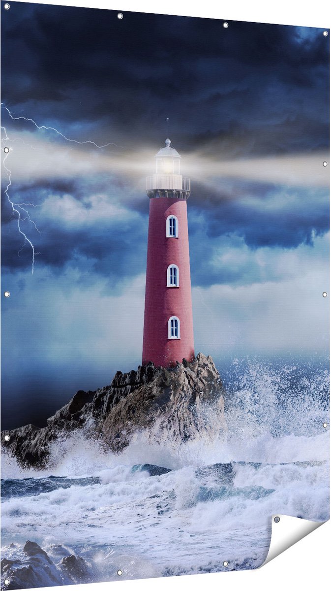 Gards Tuinposter Vuurtoren op een Storm Zee met Golfen Water - 120x180 cm - Tuindoek - Tuindecoratie - Wanddecoratie buiten - Tuinschilderij Multikleur