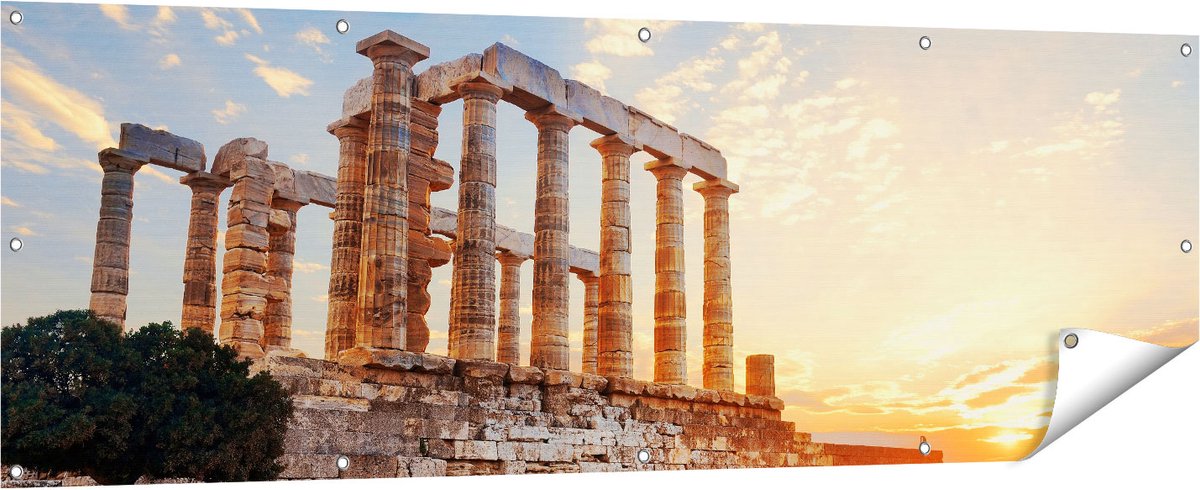 Gards Tuinposter Tempel van Poseidon in Athene, Griekenland - 180x60 cm - Tuindoek - Tuindecoratie - Wanddecoratie buiten - Tuinschilderij Multikleur