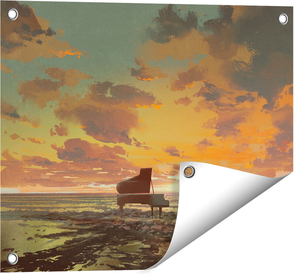 Gards Tuinposter Piano op het Strand bij Zonsondergang - 50x40 cm - Tuindoek - Tuindecoratie - Wanddecoratie buiten - Tuinschilderij Multikleur