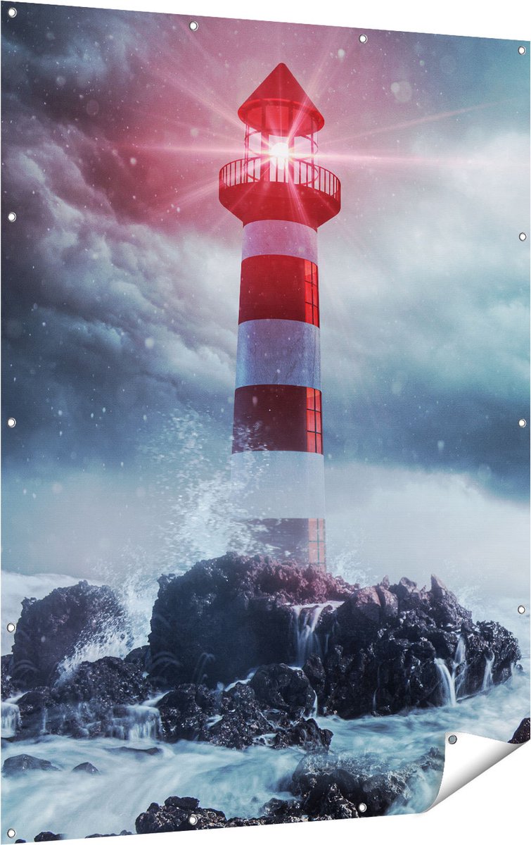 Gards Tuinposter Vuurtoren tijdens een Storm - 120x160 cm - Tuindoek - Tuindecoratie - Wanddecoratie buiten - Tuinschilderij Multikleur