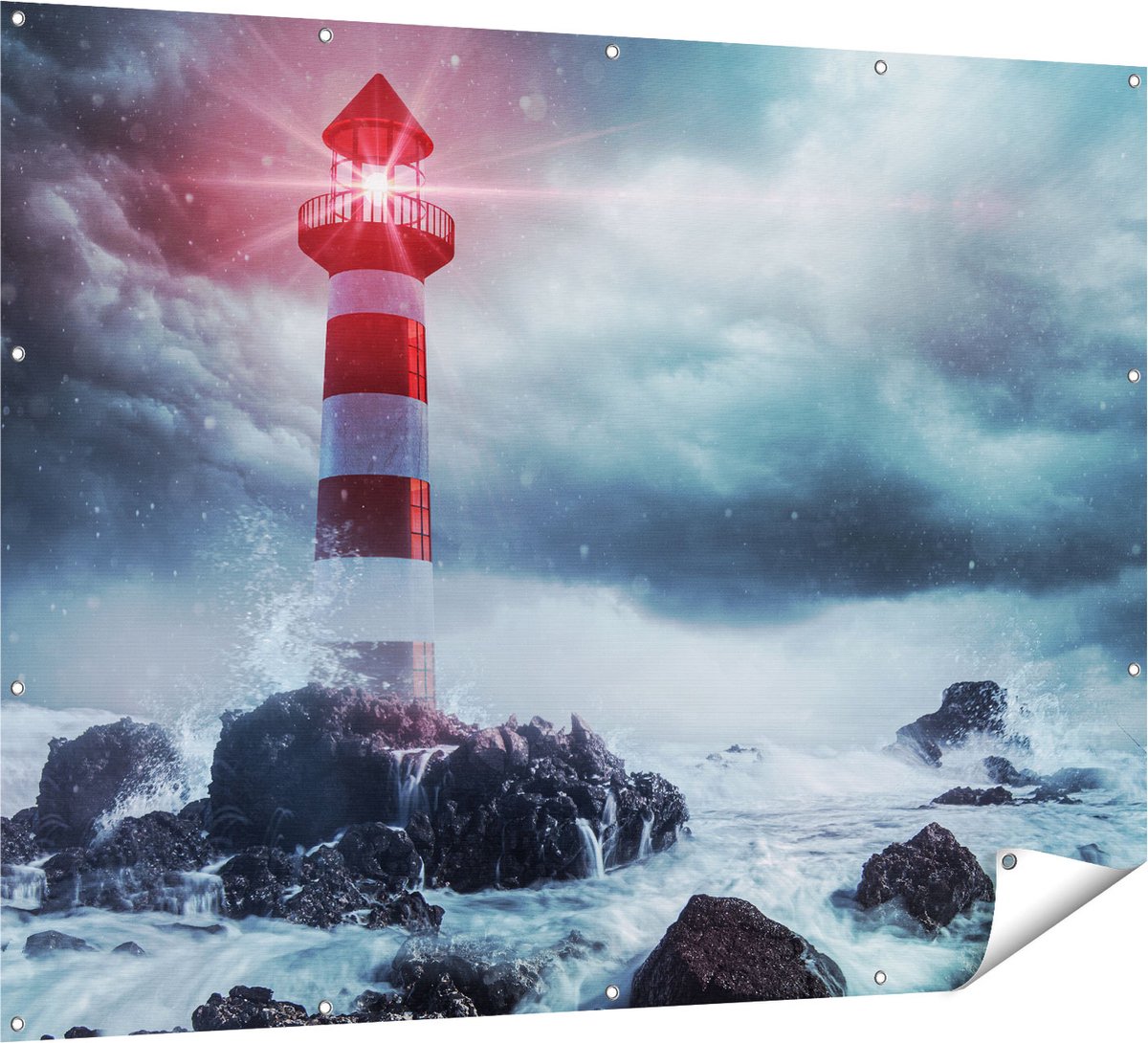 Gards Tuinposter Vuurtoren tijdens een Storm - 160x120 cm - Tuindoek - Tuindecoratie - Wanddecoratie buiten - Tuinschilderij Multikleur