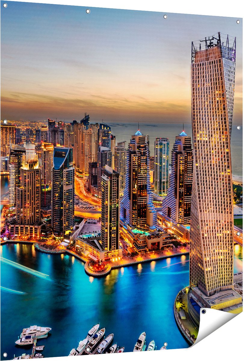Gards Tuinposter Dubai Haven met de Stad - 120x150 cm - Tuindoek - Tuindecoratie - Wanddecoratie buiten - Tuinschilderij Multikleur