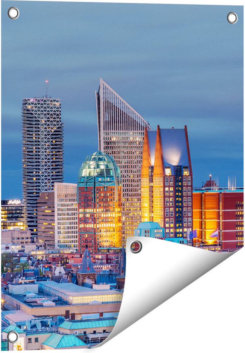 Gards Tuinposter Den Haag Skyline met Wolkenkrabbers - 40x50 cm - Tuindoek - Tuindecoratie - Wanddecoratie buiten - Tuinschilderij Multikleur