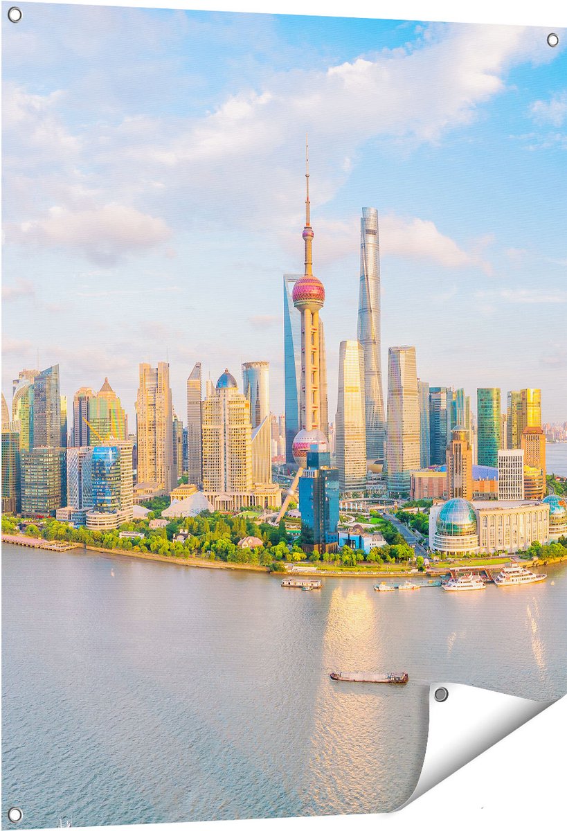 Gards Tuinposter Skyline Shanghai Stad in China - 80x100 cm - Tuindoek - Tuindecoratie - Wanddecoratie buiten - Tuinschilderij Multikleur