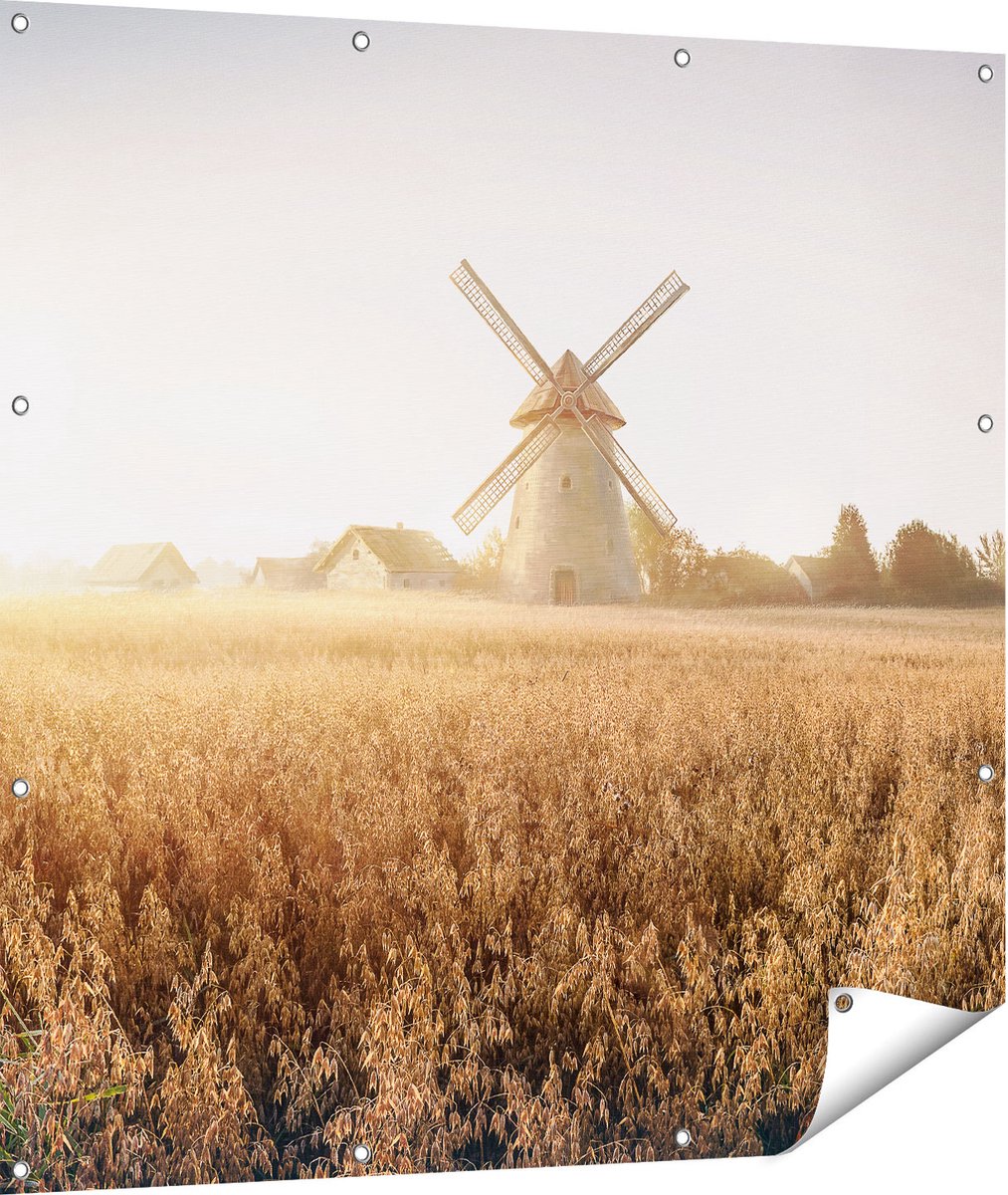 Gards Tuinposter Windmolen in het Veld - 110x110 cm - Tuindoek - Tuindecoratie - Wanddecoratie buiten - Tuinschilderij Multikleur