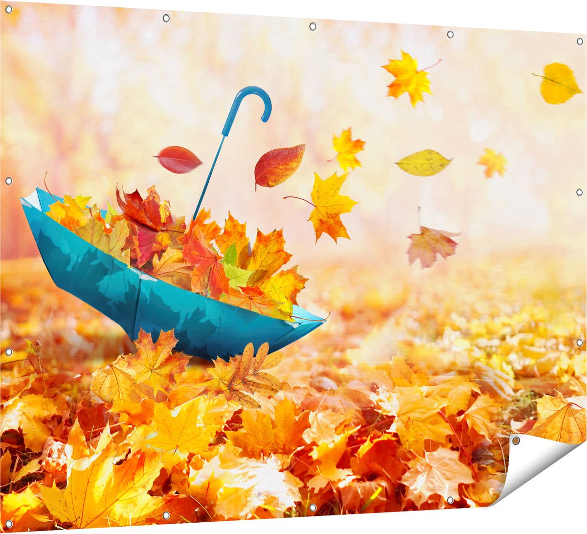 Gards Tuinposter Blauwe Paraplu in de Herfstbos met Bladeren - 160x120 cm - Tuindoek - Tuindecoratie - Wanddecoratie buiten - Tuinschilderij Multikleur