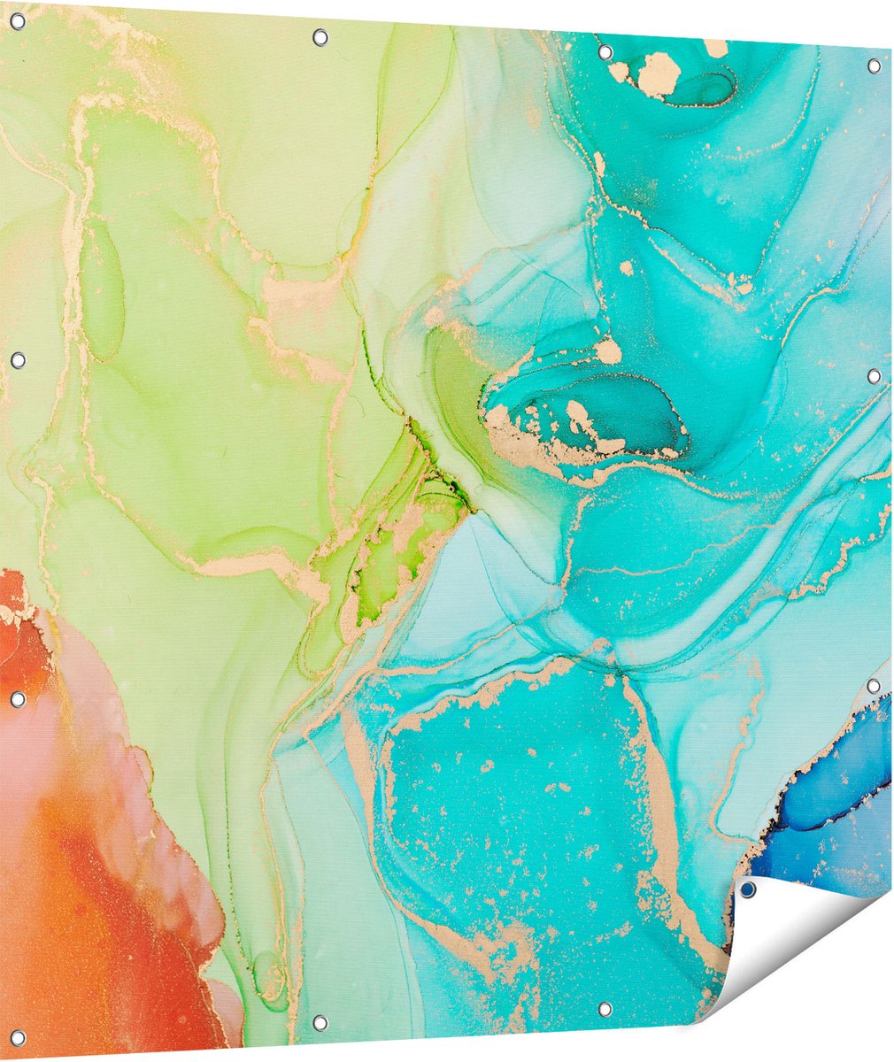 Gards Tuinposter Abstracte Kunst - Kleurrijke Marmer - 110x110 cm - Tuindoek - Tuindecoratie - Wanddecoratie buiten - Tuinschilderij Multikleur