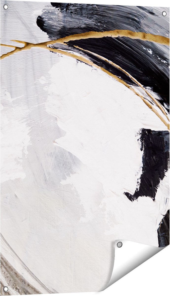Gards Tuinposter Abstracte Kunst - Wit met Zwart en Goud - 60x90 cm - Tuindoek - Tuindecoratie - Wanddecoratie buiten - Tuinschilderij Multikleur