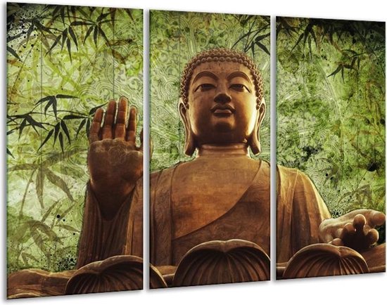 Glasschilderij Boeddha - Groen, Bruin - 120x80cm 3Luik - Foto Op Glas - Geen Acrylglas Schilderij - GroepArt 6000+ Glas Art Collectie - Maatwerk Mogelijk