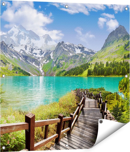 Gards Tuinposter Pad naar een Helder Blauw Meer in de Bergen - 80x80 cm - Tuindoek - Tuindecoratie - Wanddecoratie buiten - Tuinschilderij